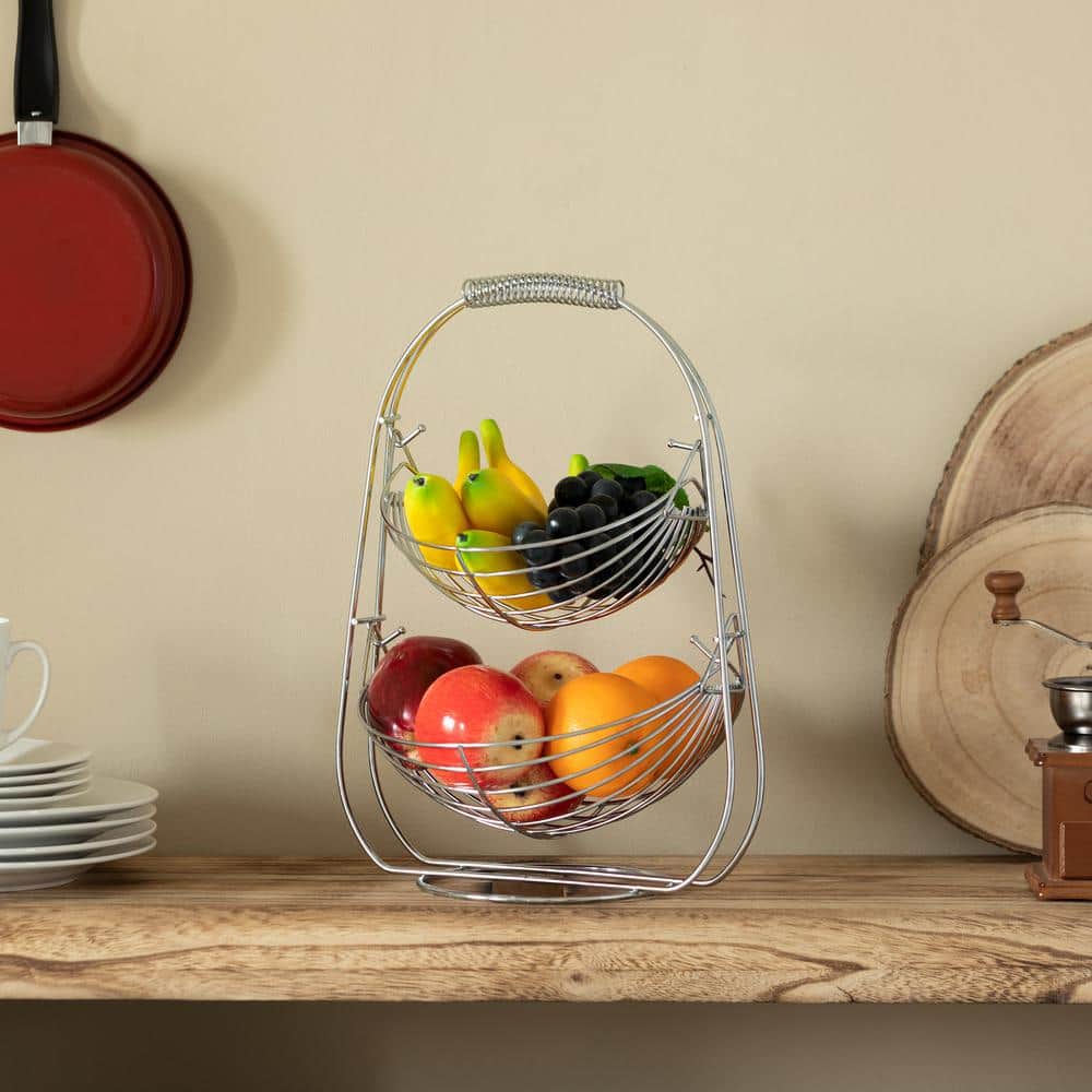 2 Tier Fruit Swing Basket for Kitchen, Detachable Countertop Vegetables Storage Organizer with Display Hammock Stand - Hercitys