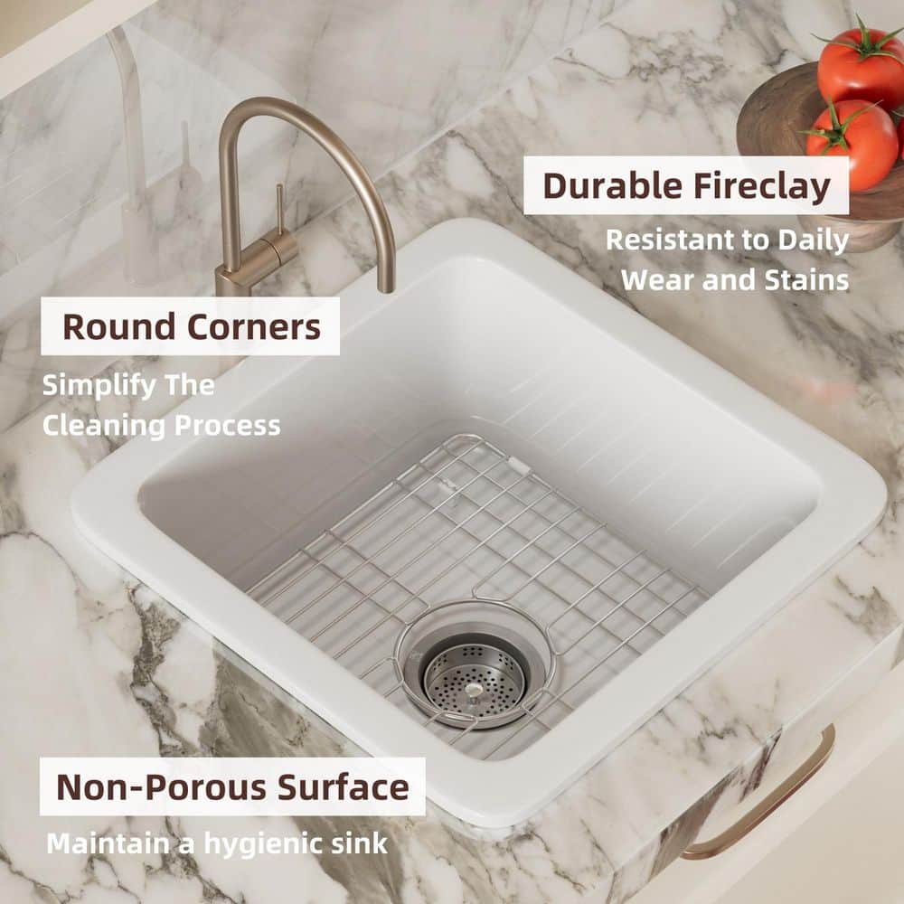 18 in. White Undermount Kitchen Sink, Dual Mount Square Fireclay Sink, Deep Single Bowl with Grid and Drain Strainer - Hercitys