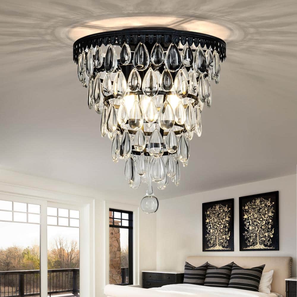 12 in. 3-Lights Antique Gold Glam Flush Mount Ceiling Light with Teardrop Glass - Hercitys