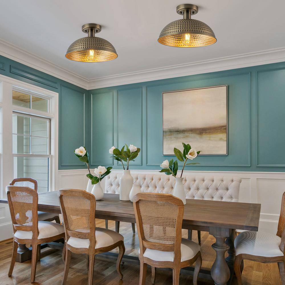 12.2 in. 1-Light Antique Brass Semi-Flush Mount Ceiling Light with Dome Metal Shade - Hercitys