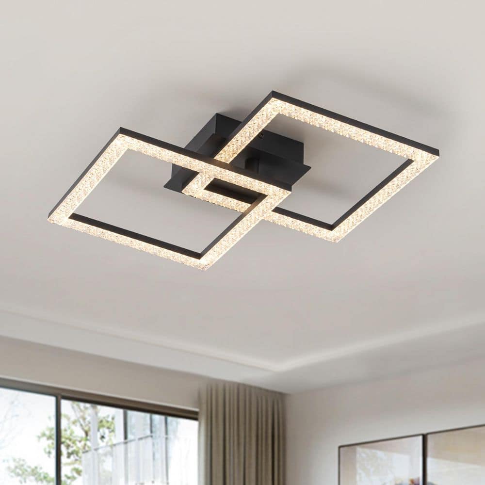 14.17 in. 2-Light Matte black LED Semi-Flush Mount, Modern Crystal Flush Mount Ceiling Light Fixture Squares Chandelier - Hercitys