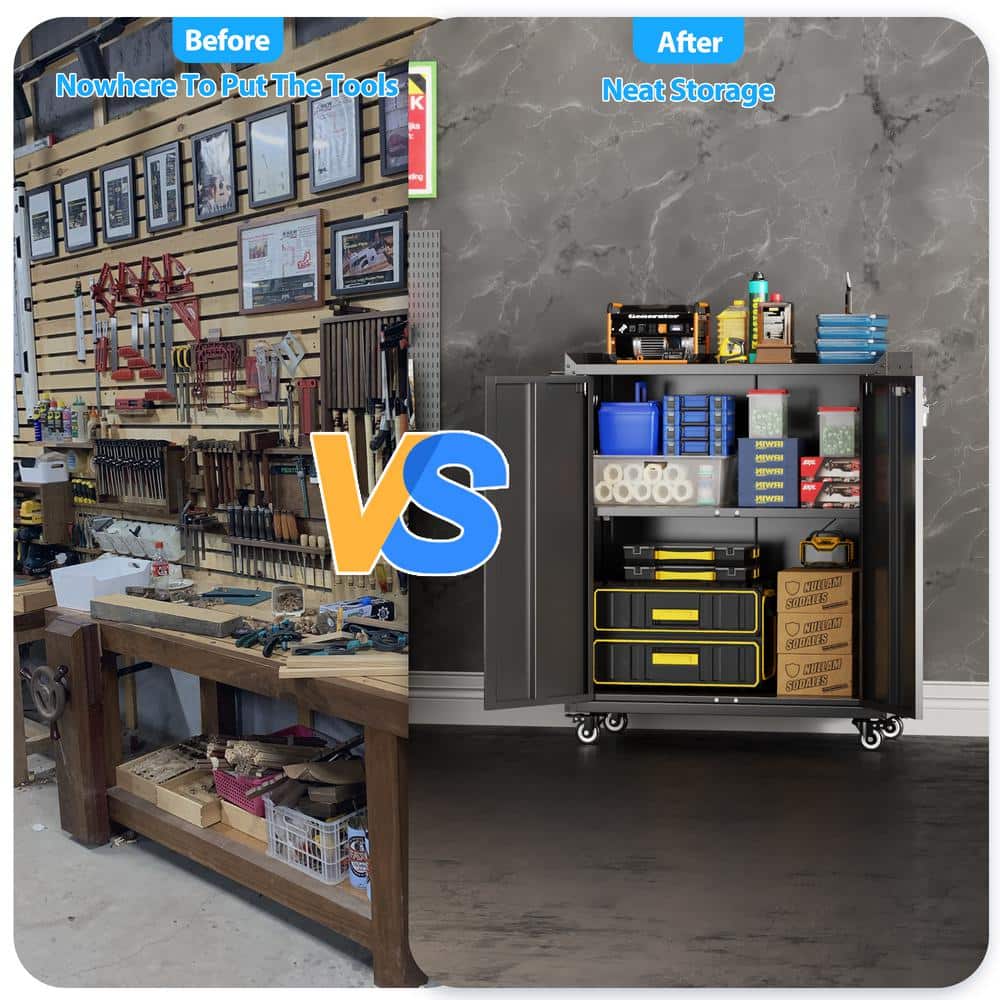 30 in. W x 35.5 in. H x 18 in. D Metal Freestanding Cabinet with Shelf, Pegboard, Side Push Handle in Black - Hercitys