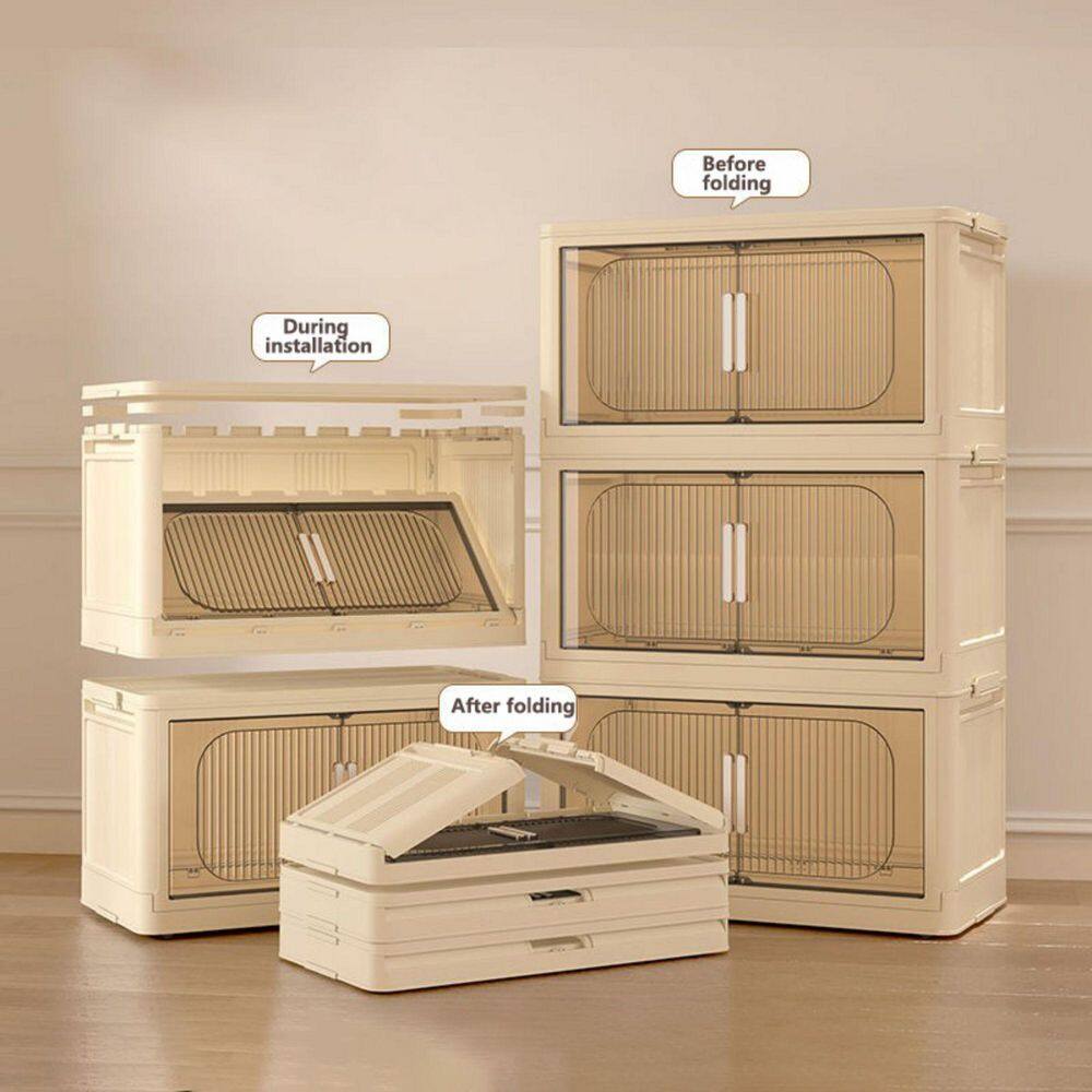 5 Tiers Kitchen Pantry Folding Storage Cabinet, Collapsible Storage Bins with Magnetic Door, Wheels, Cream White - Hercitys