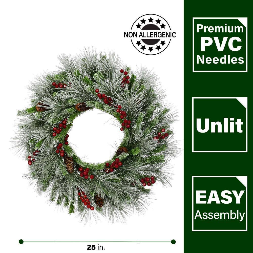 25 in. Lightly Flocked Artificial Christmas Wreath with Pinecones and Berries - Hercitys