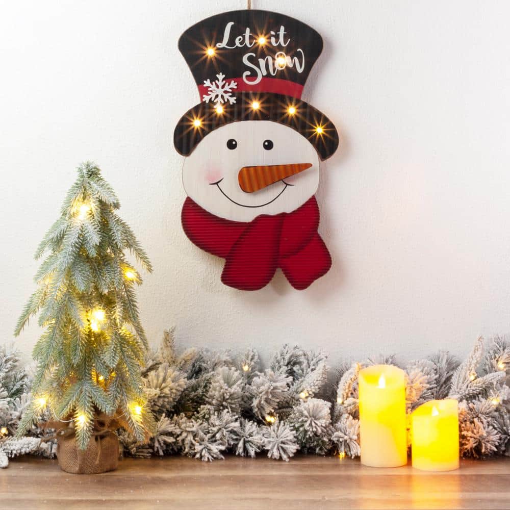 19 in. H Lighted 3D Wooden Metal Snowman Wall Decor - Hercitys