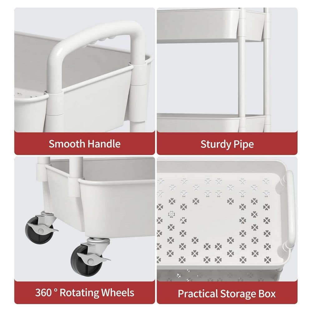 3-Tier Plastic -Wheeled Storage Utility Cart in White - Hercitys