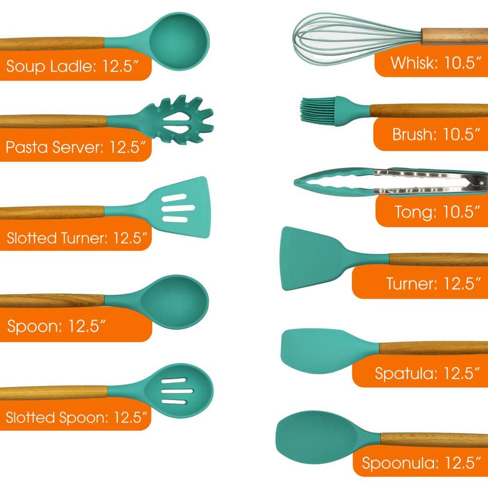 12-Piece Aqua Silicone Utensil Spatula Set with Wooden Handles - Hercitys