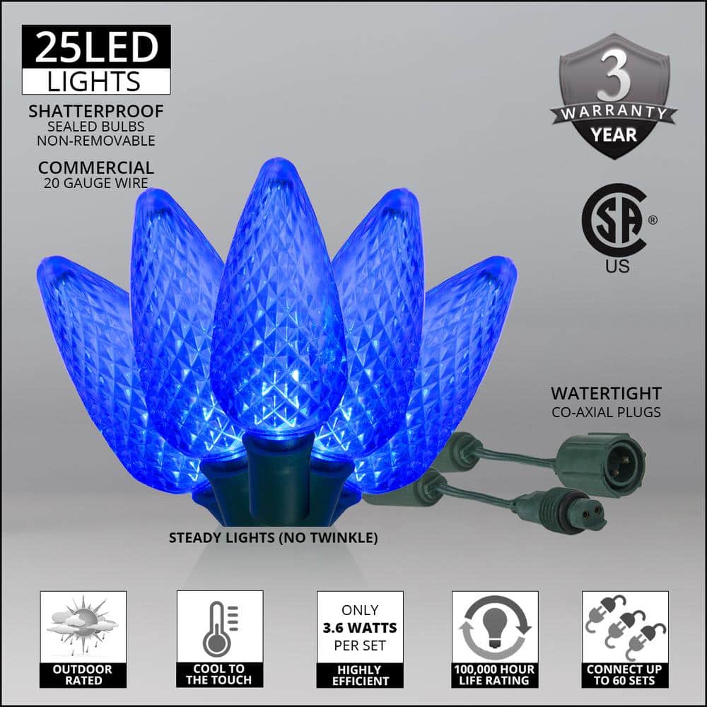 24 ft. 25-Light LED Blue Commercial C9 String Lights with Watertight Coaxial Connectors - Hercitys