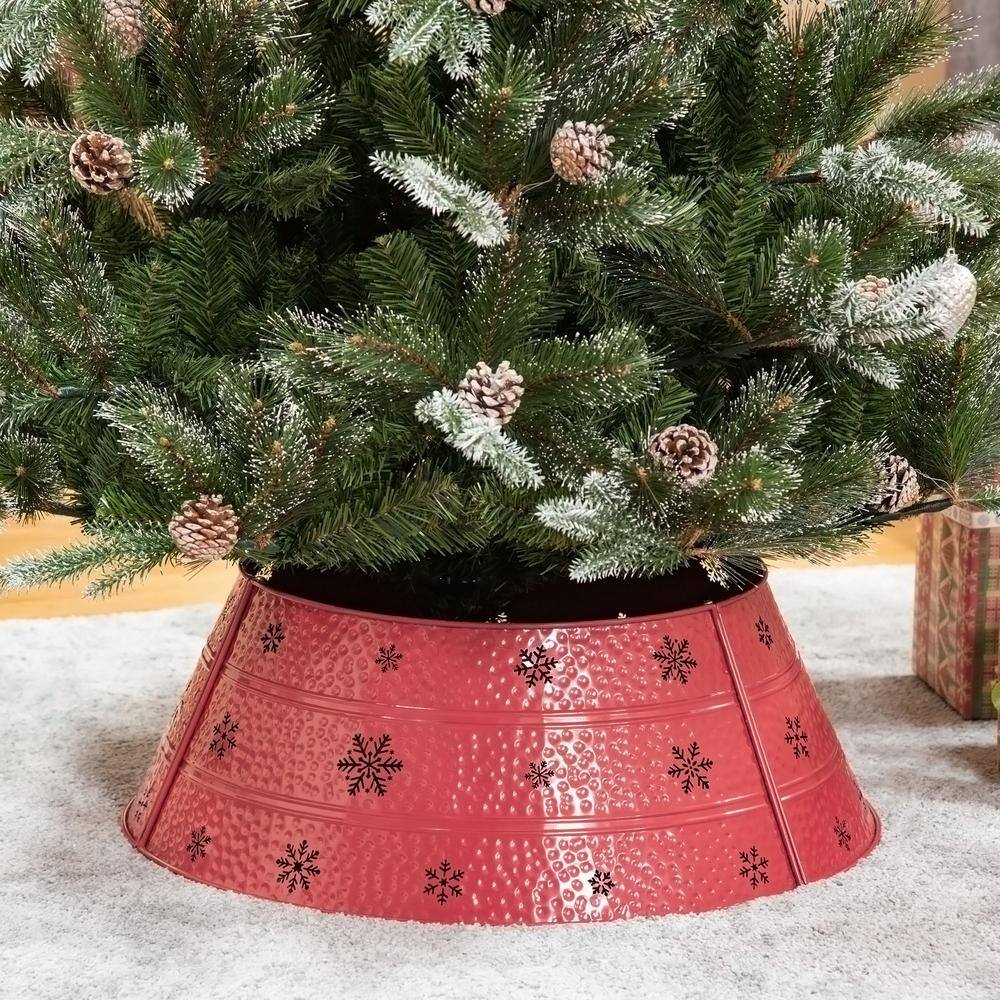 26 in. Red Steel Home Xmas Decoration Christmas with Snowflake Printed Christmas Tree Collar - Hercitys
