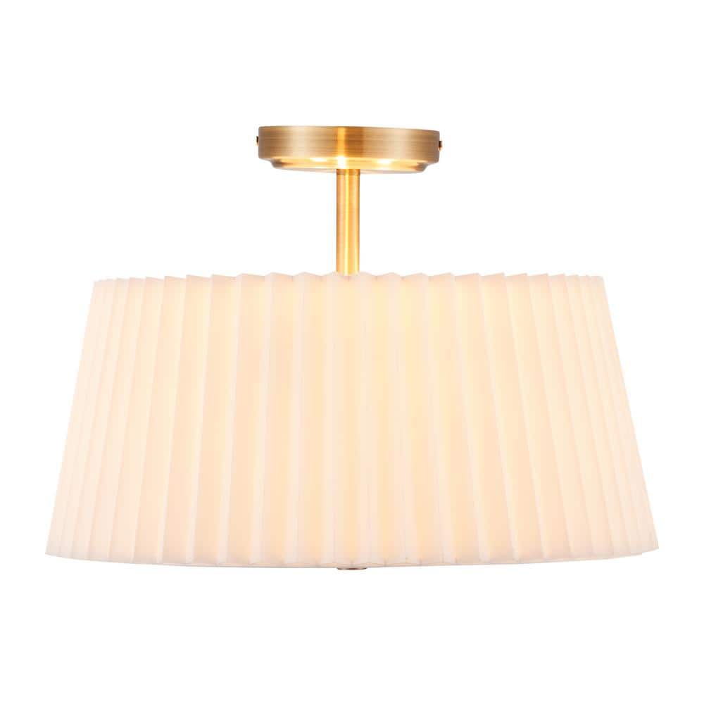 16 in. 3-Light Gold Modern Semi Flush Mount with Pleated Drum Lamp Shade - Hercitys