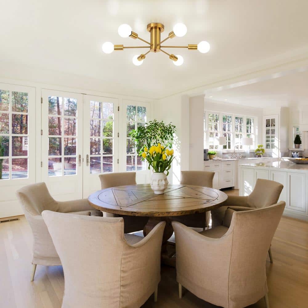 21.84 in. 6-Light Gold Sputnik Transitional Flush Mount Ceiling Lights - Hercitys