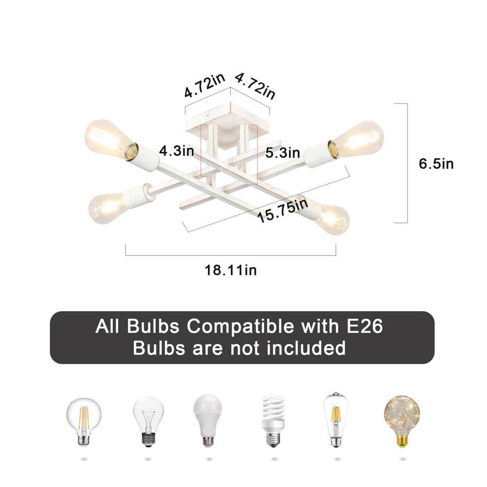 18.11 in. 4-Light Distressed White Modern Sputnik Semi- Flush Mount Ceiling Lights with No Bulbs Included - Hercitys
