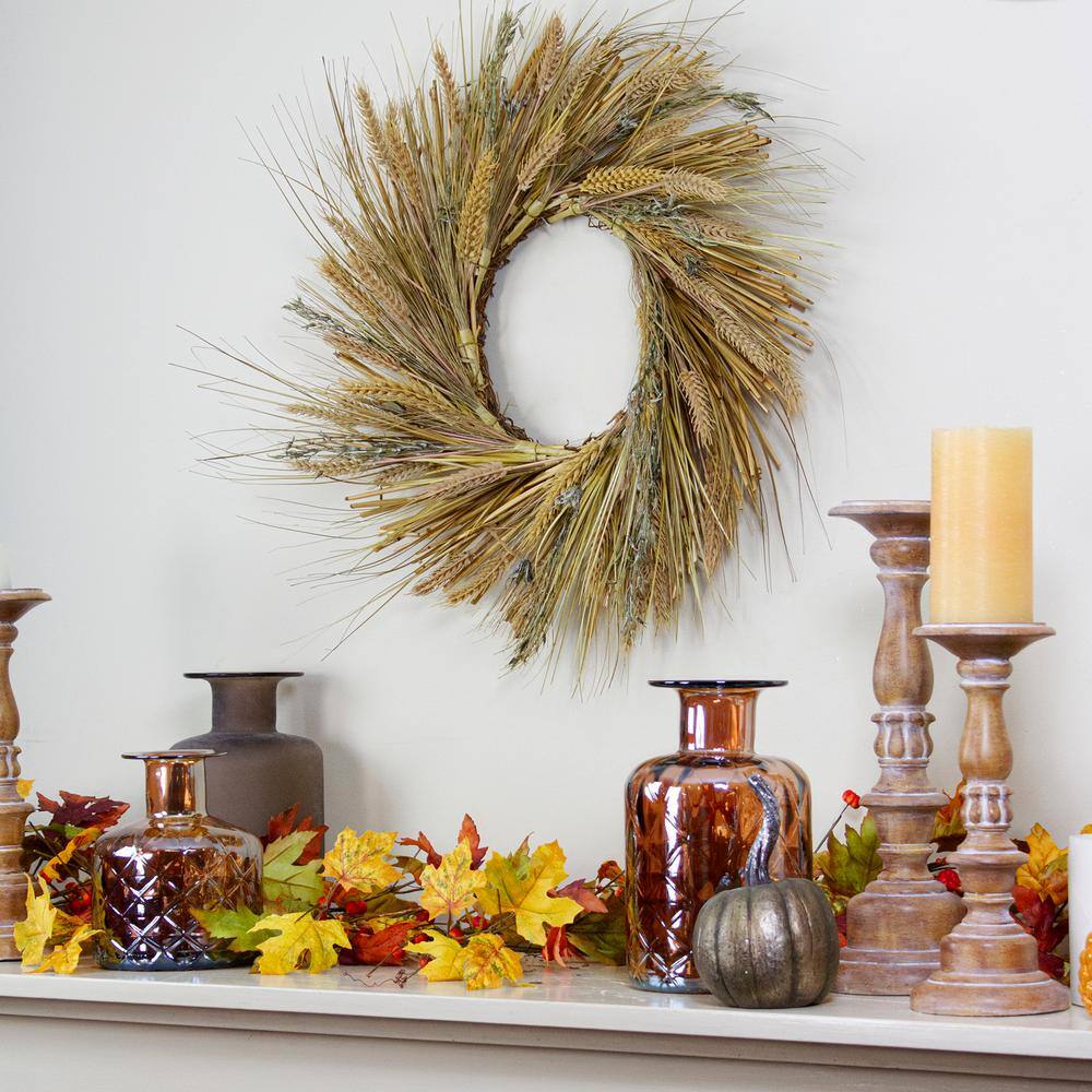 22 in. Artificial Unlit Autumn Harvest Wheat Grass and Grapevine Thanksgiving Fall Wreath - Hercitys