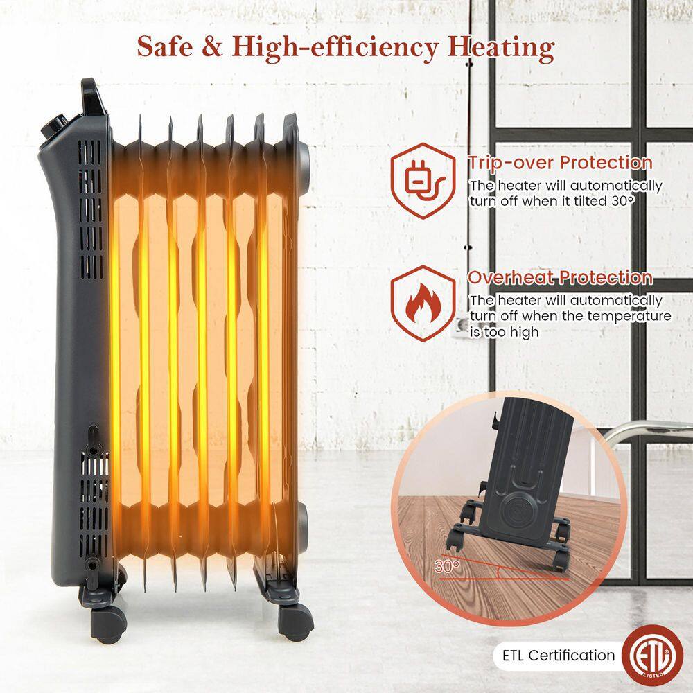 1500-Watt Electric Heater Oil Filled Space Heater with Adjustable Thermostat - Hercitys