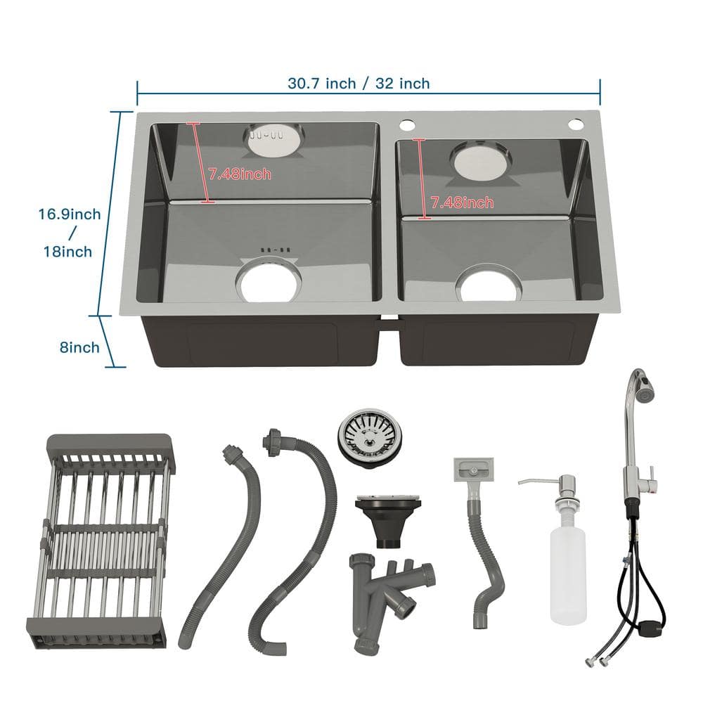 30 in. Drop-In/Undermount Double Bowl Stainless Steel Kitchen Sink with Faucet - Hercitys