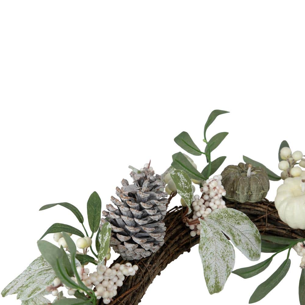20 in. Unlit Pumpkin and Berries with Pinecones Artificial Fall Harvest Twig Wreath - Hercitys