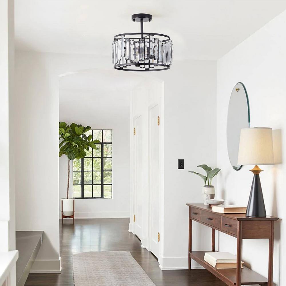 13 in. Modern 3-Light Black Semi-Flush Mount Ceiling Hanging Light with Glass Shade - Hercitys