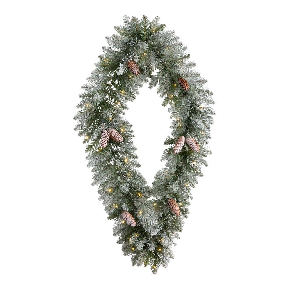 36 in. Prelit LED Geometric Diamond Frosted Artificial Christmas Wreath with Pinecones and 50 Warm White LED Lights - Hercitys