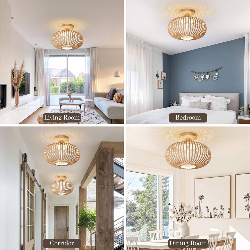 12.4 in. 1-Light Bohemian Recessed Mount with Bamboo Crafted Shade, Bulb Not Included, 1 Piece - Hercitys