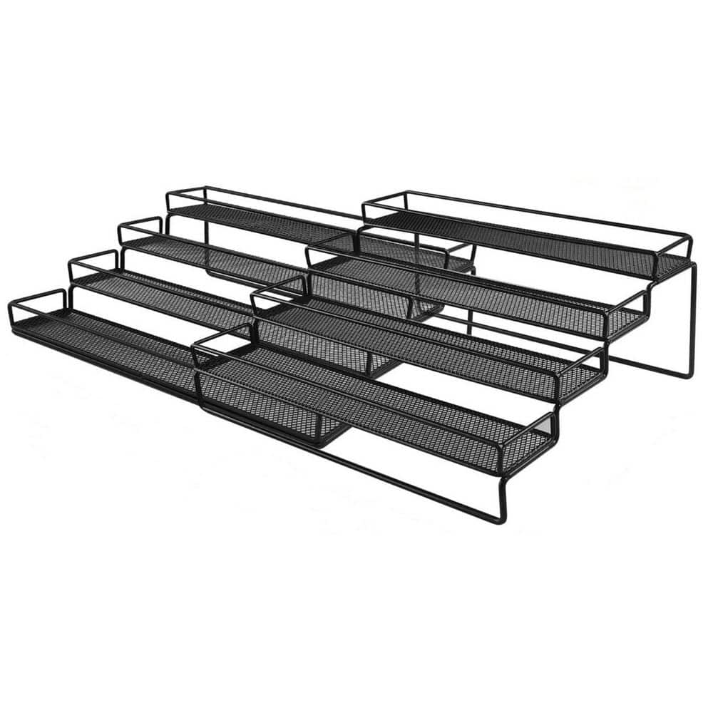 2-Piece 4-Tier Black Metal Spice Rack Organizer, Expandable Shelf, Step Storage Holder with Protection Railing - Hercitys