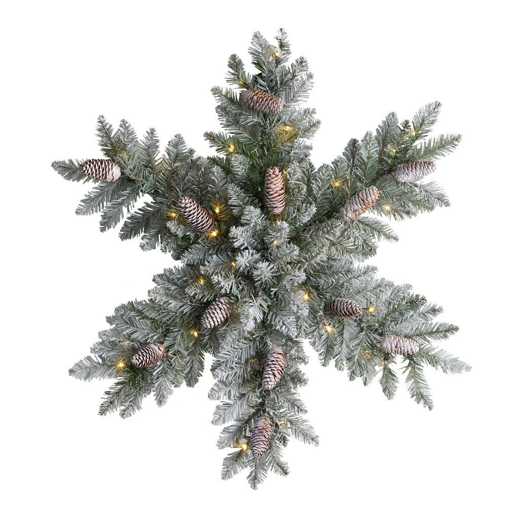 30in. Prelit LED Flocked Dunhill Fir Snowflake Artificial Christmas Wreath with Pinecones and 40 LED Lights - Hercitys