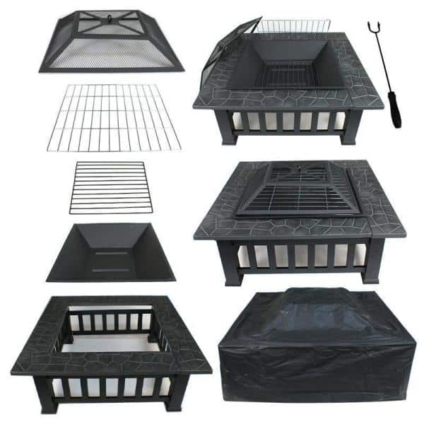 32 in. x 12.4 in. Square Iron Charcoal Gray Upland Fire Pit with Cover - Hercitys