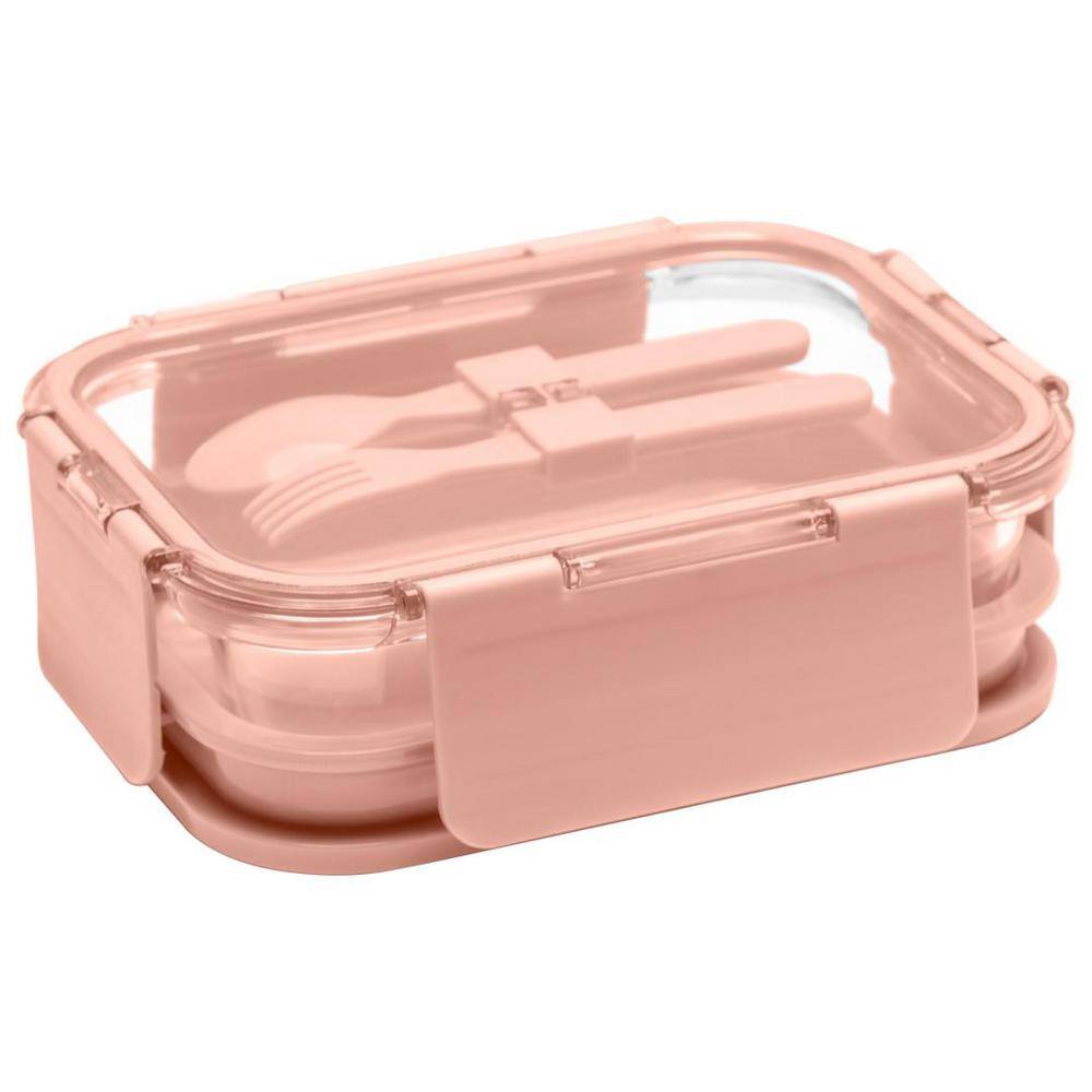 58.5 oz. Premium 4-In-1 Double-Layer Glass Bento Lunch Box with Utensils in Pink (1-Pack) - Hercitys