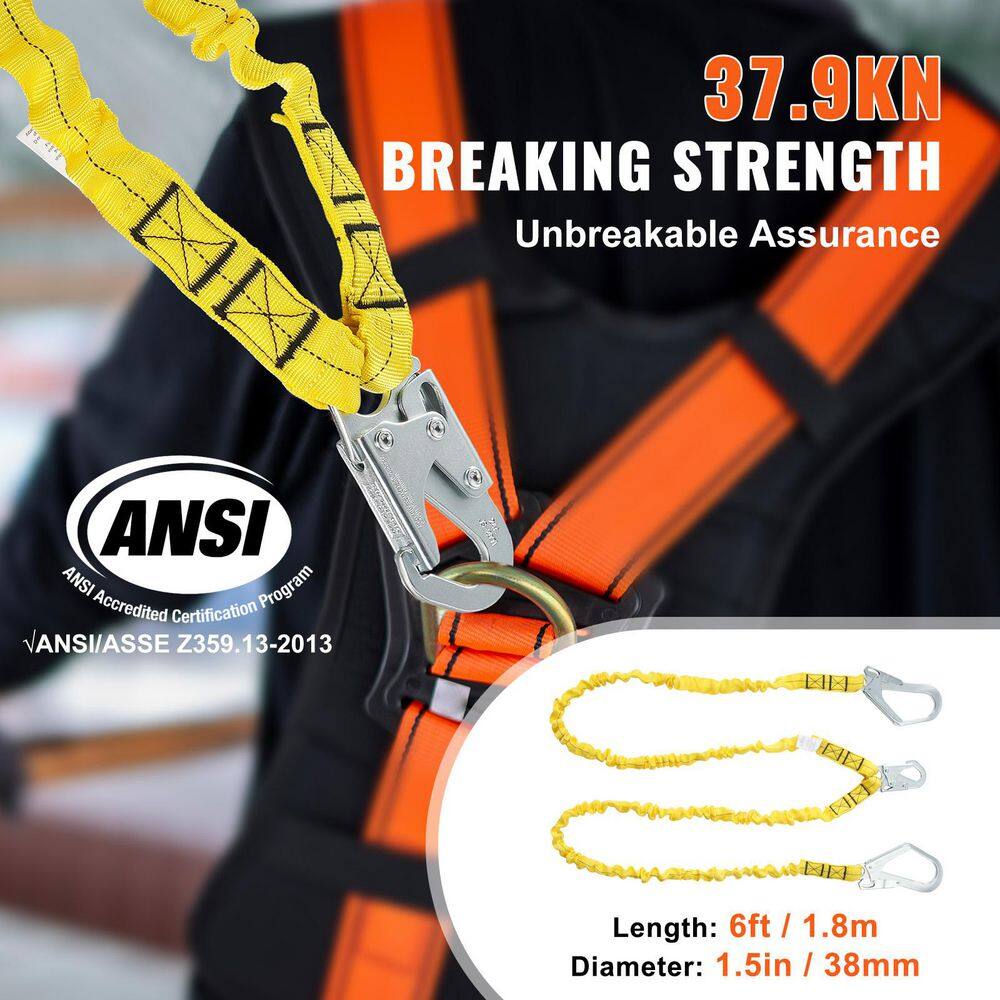 38mm Safety Lanyard, 6ft.(1.83m) Fall Protection Lanyard with 2 Alloy Steel Snap Hooks, Retractable Safety Belt, Yellow - Hercitys