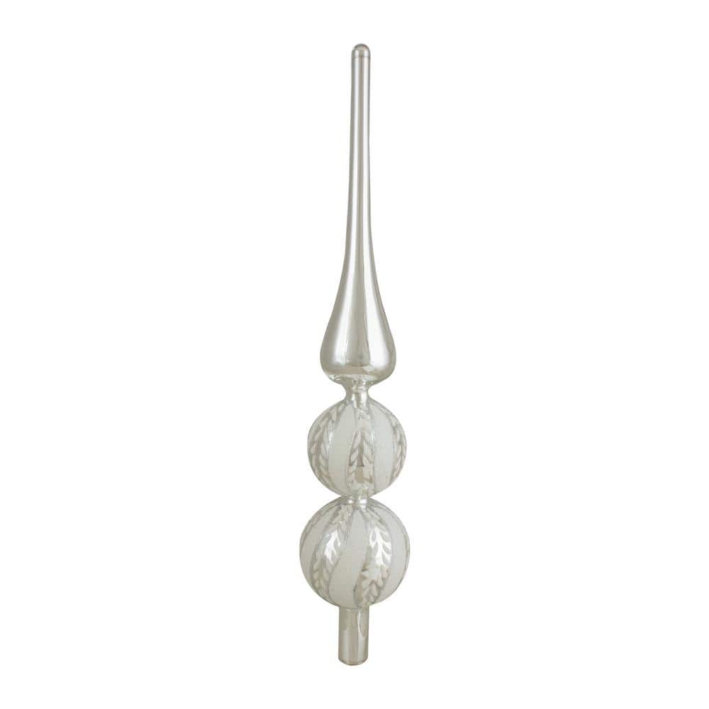 14.75 in. Silver and White Glitter Glass Finial Christmas Tree Topper - Hercitys