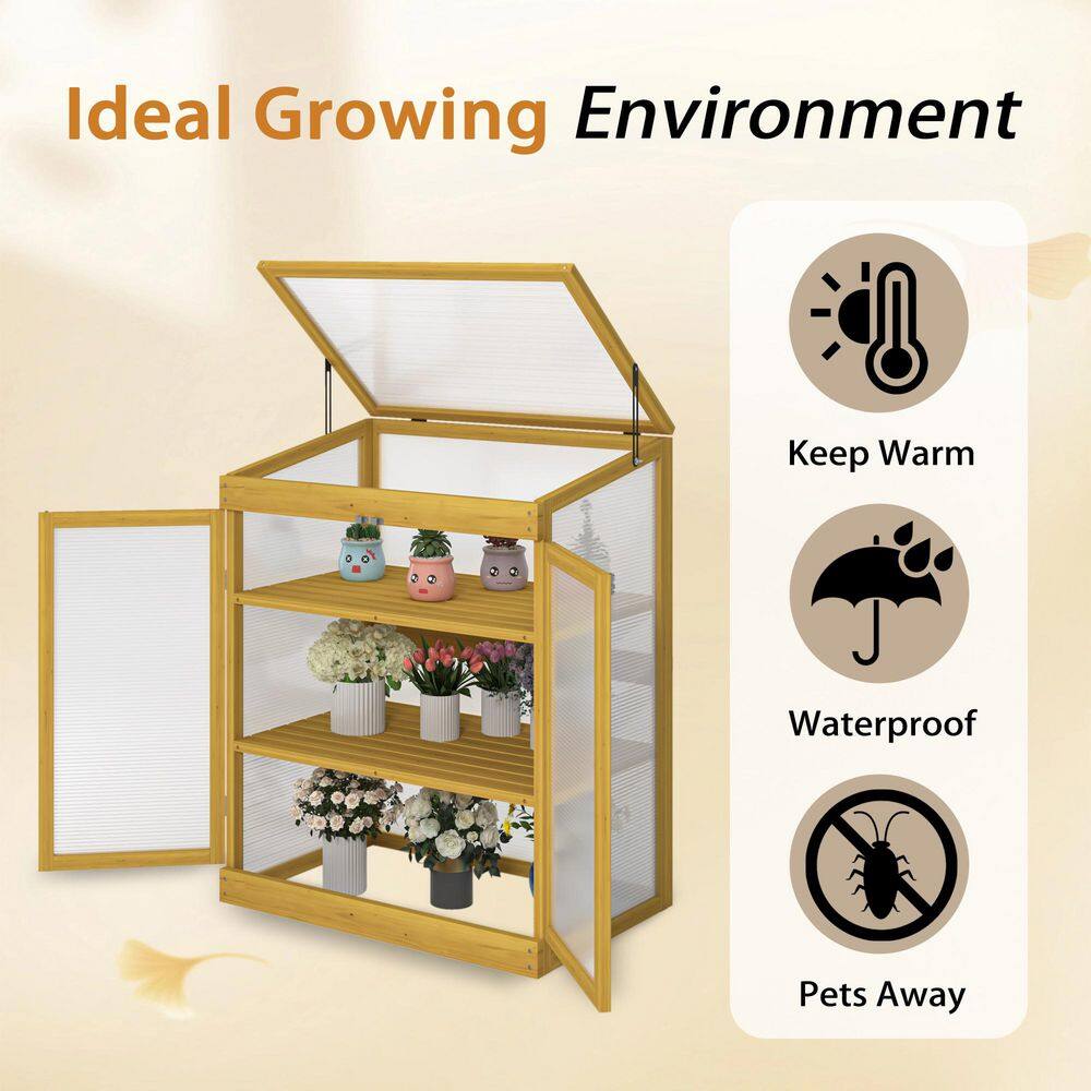 29.53 in. W x 20.47 in. D x 37.8 in. H Brown Wooden Frame Greenhouse, Polycarbonate Garden Greenhouse Cabinet 2-Tier - Hercitys