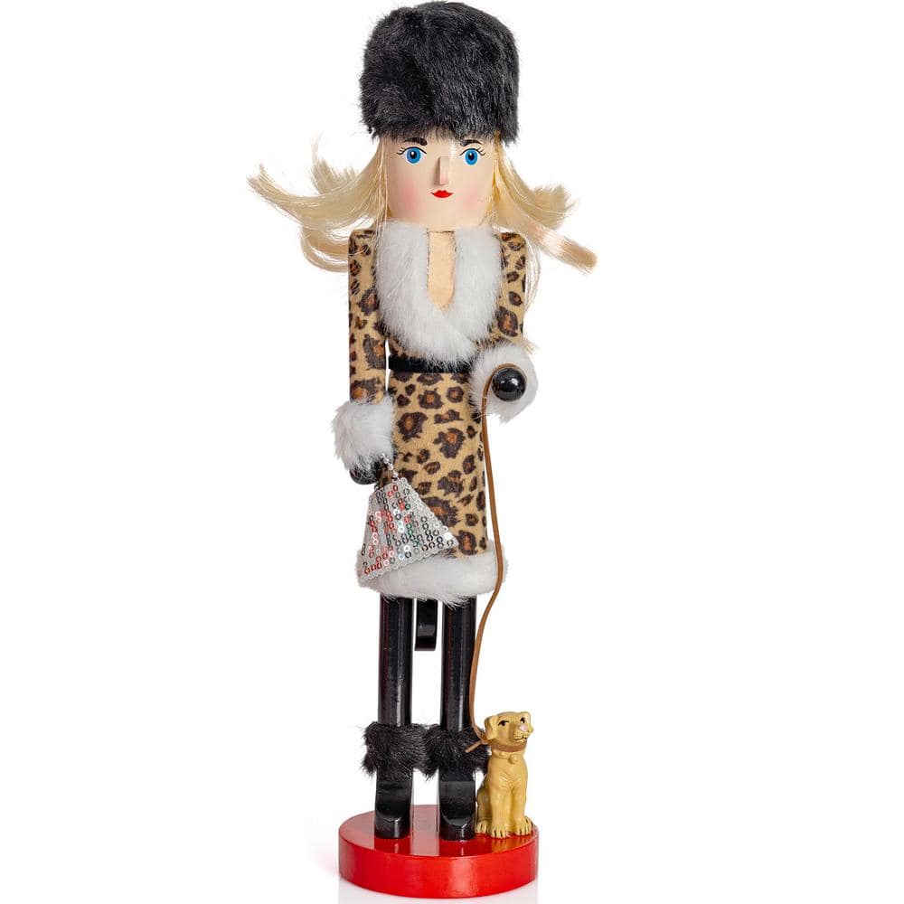 15 in. Wooden Shopping Lady Christmas Nutcracker -Glitter Shopper with Dog Holiday Nutcracker Figure Toy Decorations - Hercitys