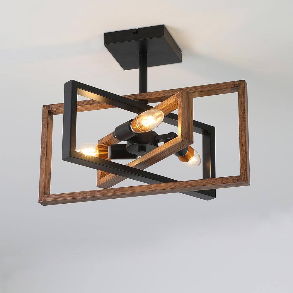 15.7 in. 3-Light Farmhouse Rustic Rectangle Semi Flush Mount Ceiling Light - Hercitys