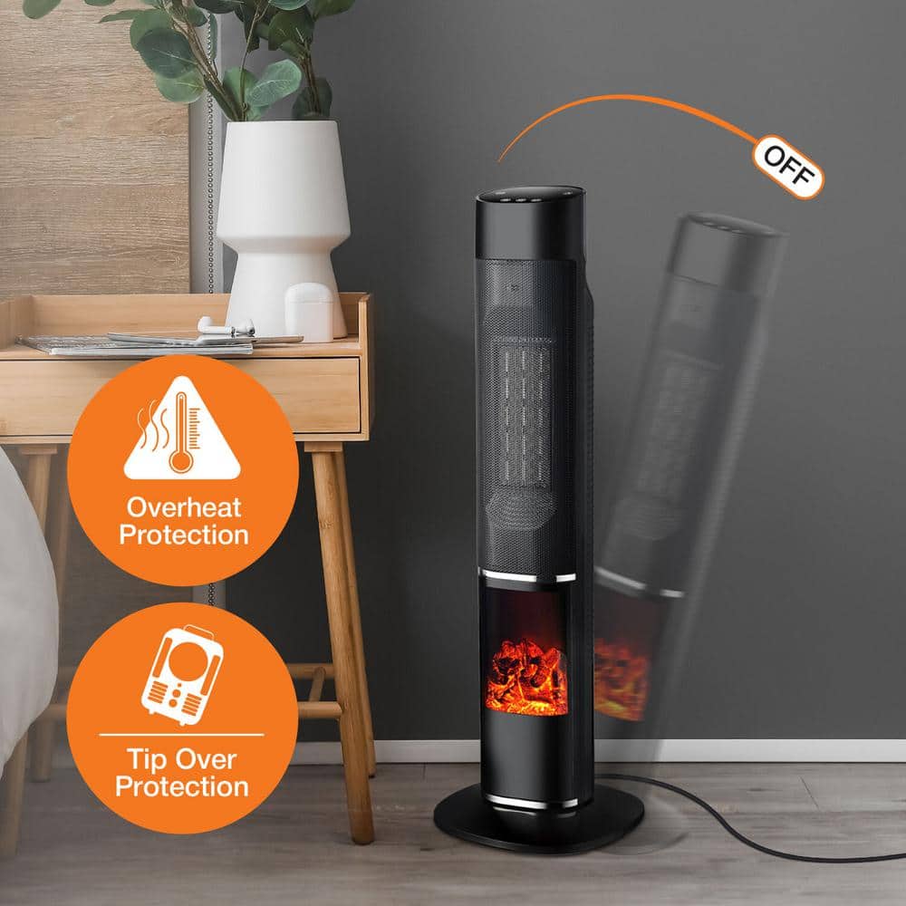 31-in. 1500-Watt Electric Radiant Infrared Tower Space Heater with Flame Feature in Black - Hercitys