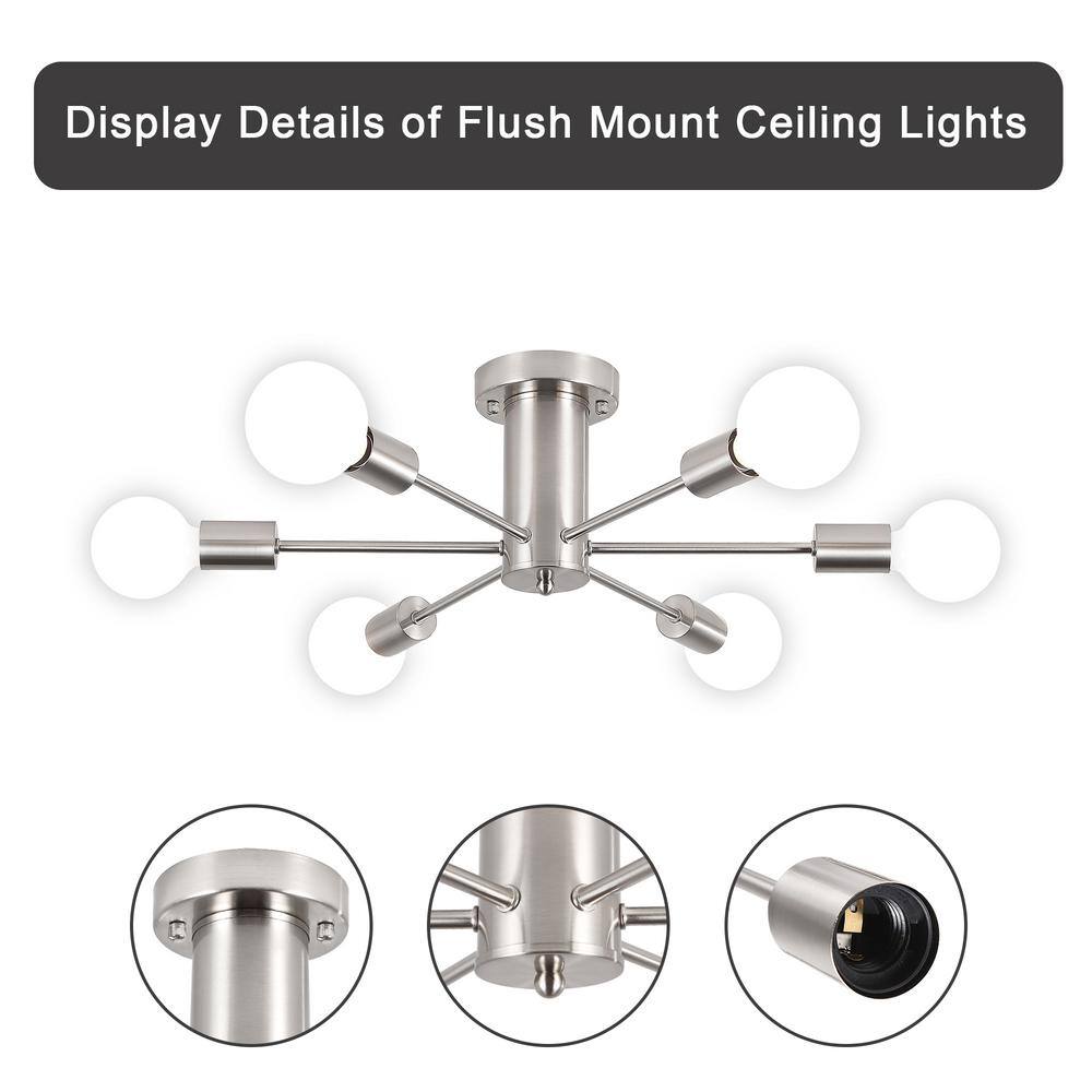 21.84 in. 6-Light Nickel Sputnik Transitional Flush Mount Ceiling Lights - Hercitys