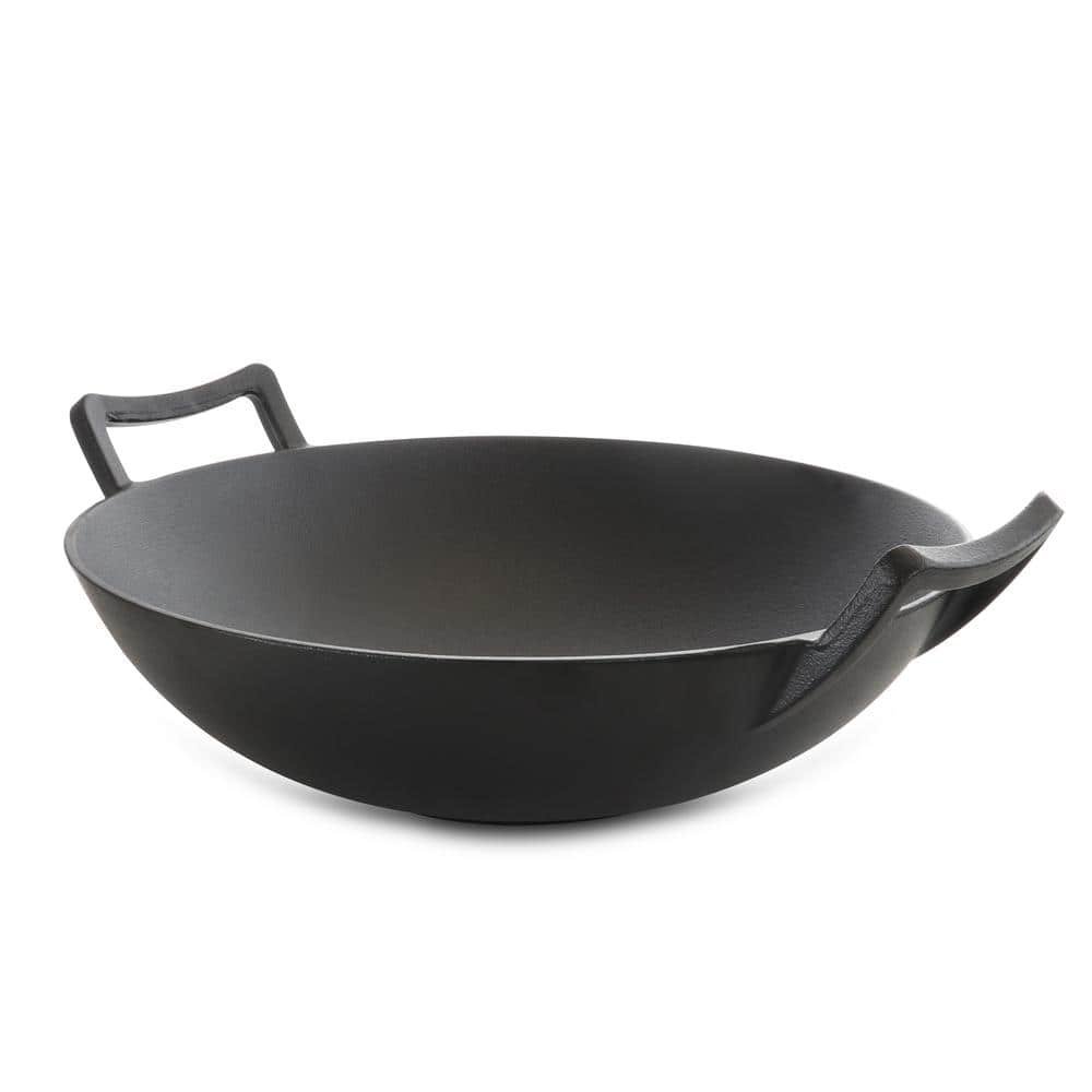 14 in. Heavy Duty Cast Iron Wok with Wood Lid - Hercitys