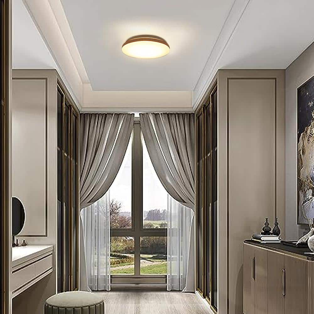 13.2 in. Round White with Faux Wood-Grain Trim Adjustable CCT 3000K/4000K/5000K Dimmable Flush Mount Light Fixture - Hercitys