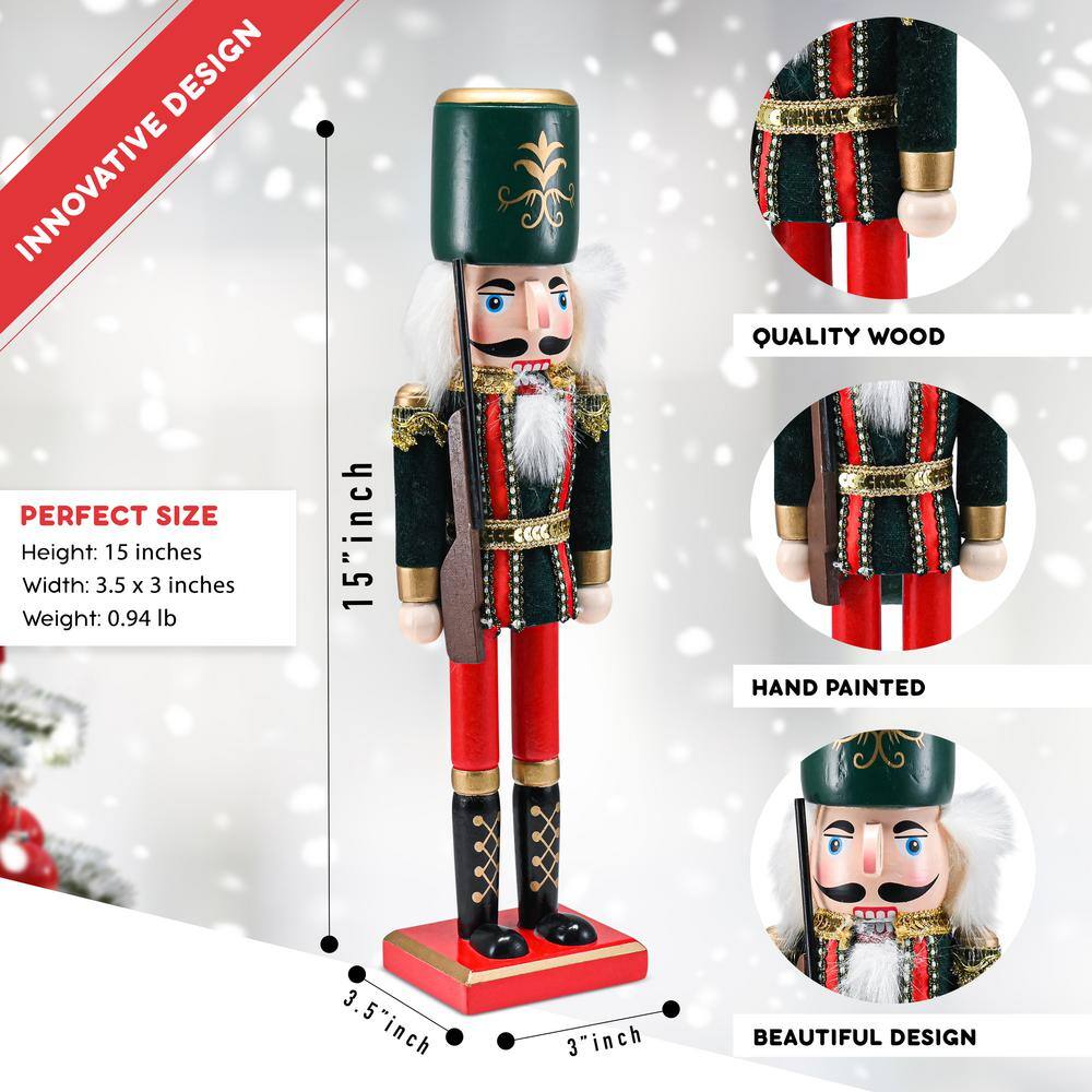15 in. Wooden Christmas Toy Soldier Nutcracker-Red and Black Nutcracker Soldier with a Rifle Gun, Holiday Nutcracker - Hercitys