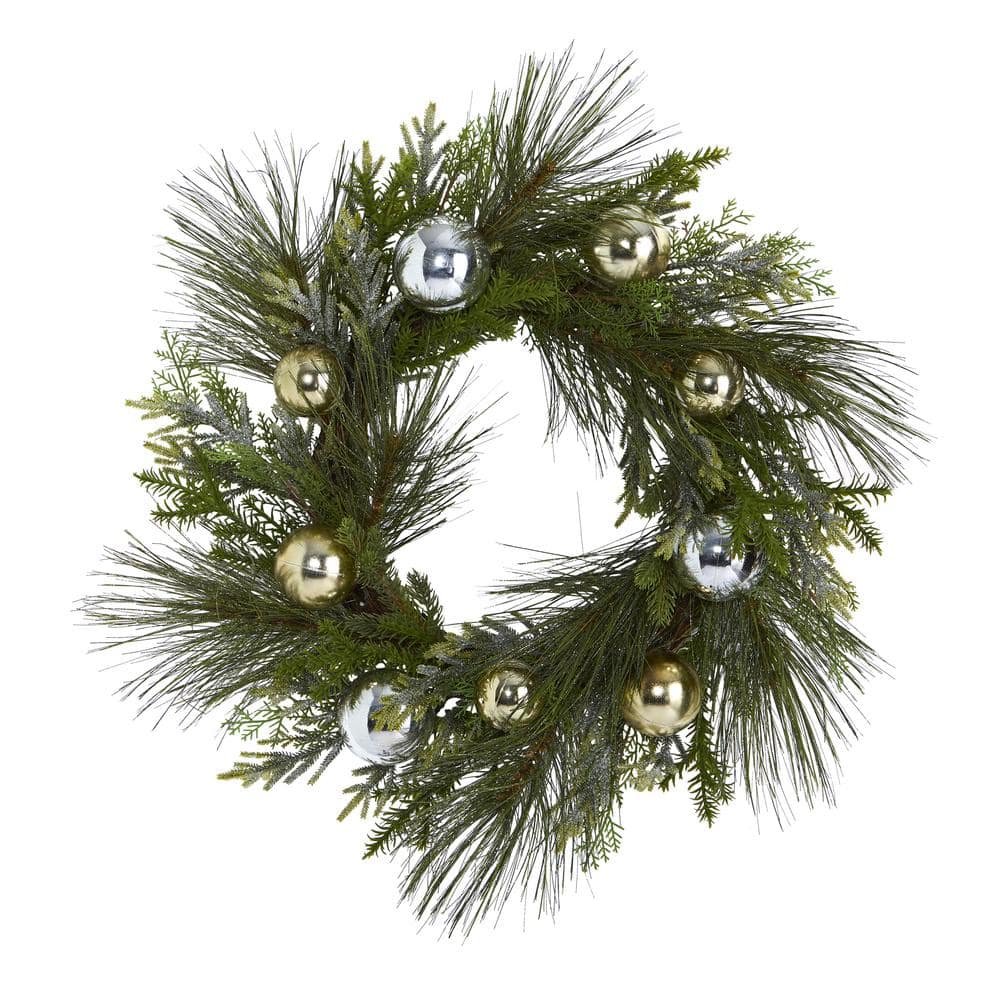 26 in. Sparkling Pine Artificial Wreath with Decorative Ornaments - Hercitys