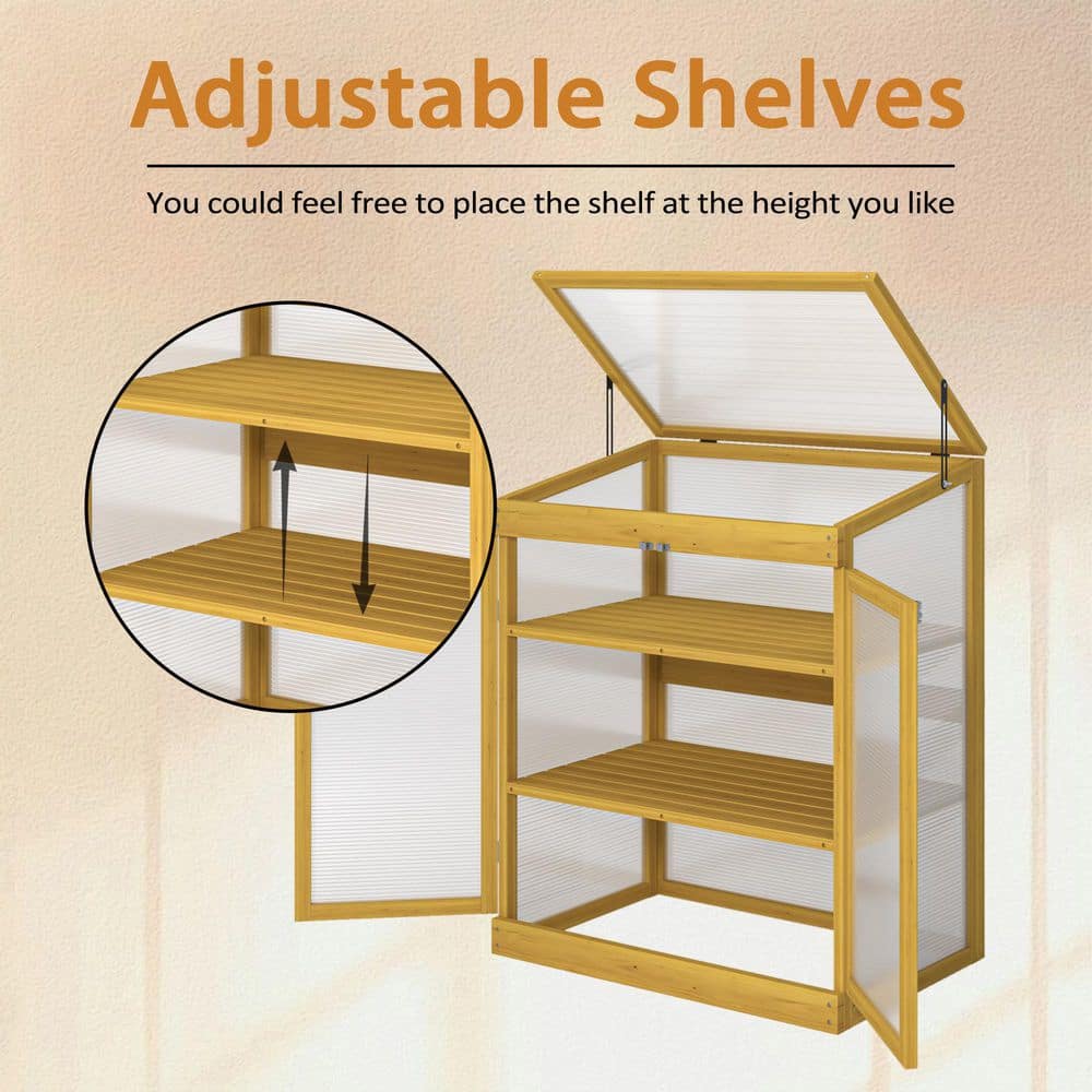 29.53 in. W x 20.47 in. D x 37.8 in. H Brown Wooden Frame Greenhouse, Polycarbonate Garden Greenhouse Cabinet 2-Tier - Hercitys