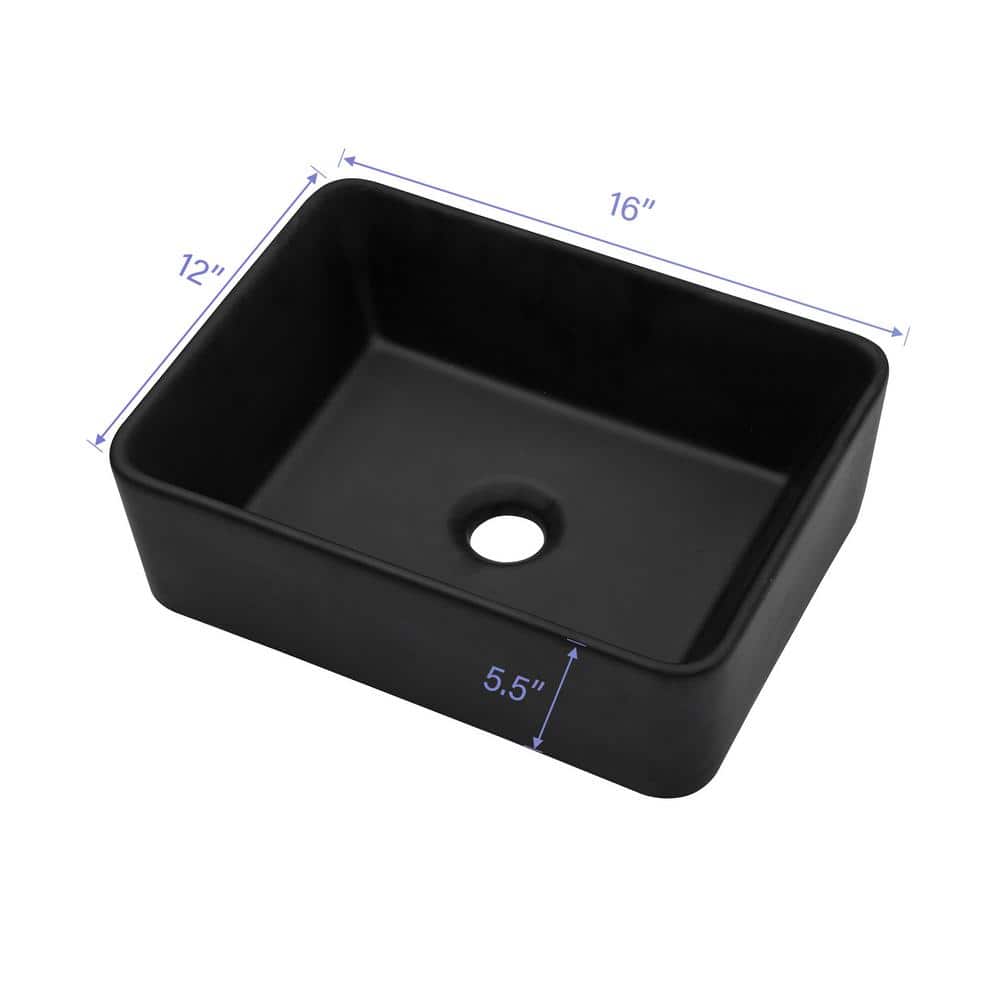 16 in. Framhouse Single Bowl in Black Ceramic Rectangular Vessel Bathroom Sink, Modern 16″x 12″ Framhouse Kitchen Sink - Hercitys