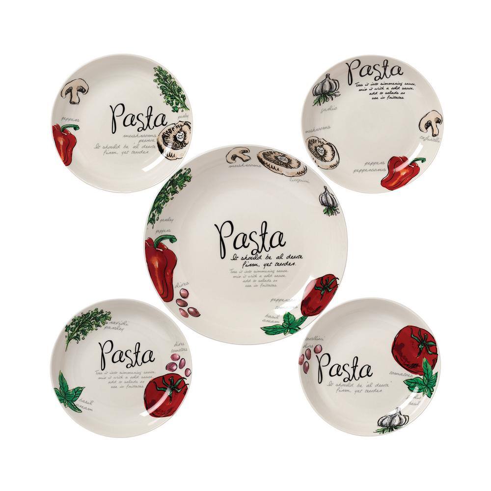 11 in. 52 fl. oz. Vegetable and Herb 5-Piece White Porcelain Pasta Serving Bowl Set (Set of 5) - Hercitys