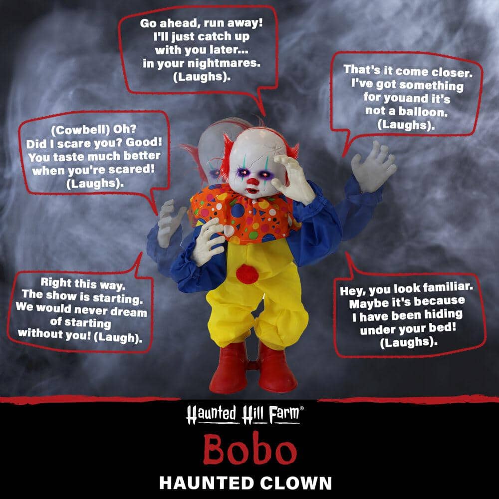 24 in. Battery Operated Animatronic Clown with Red LED Eyes Halloween Prop - Hercitys