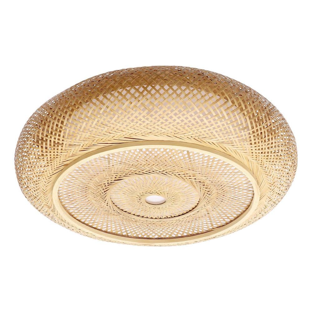 23.6 in. 3-Light Yellow Rural Round Semi-Flush Mount Ceiling Light with Rattan Shade and No Bulbs Included - Hercitys