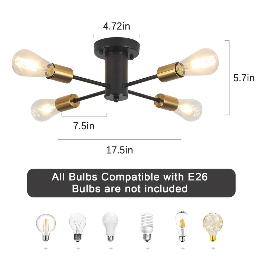 17.5 in. 4-Light Black and Gold Sputnik Transitional Flush Mount Ceiling Lights - Hercitys