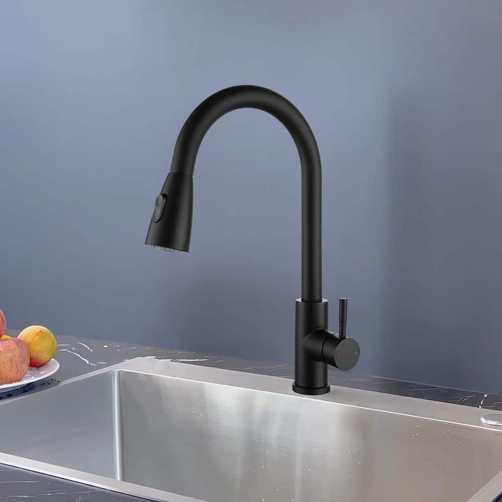 15.67 in Single Handle 360° Spout Swivel Pull Out Sprayer Kitchen Faucet in Stainless Steel in Matte Black - Hercitys