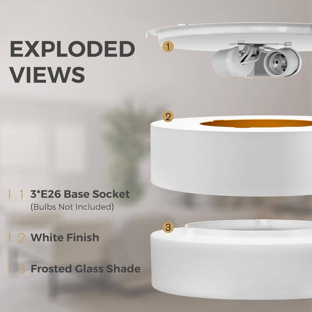 19.7 in. 3-Light White Flush Mount with Frosted Glass Shade and No Bulbs Included - Hercitys