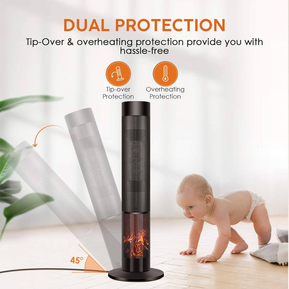 1500-Watt 35 in. Electric Ceramic Tower Space Heater with Thermostat, 3D Realistic Flame, Remote Control - Hercitys