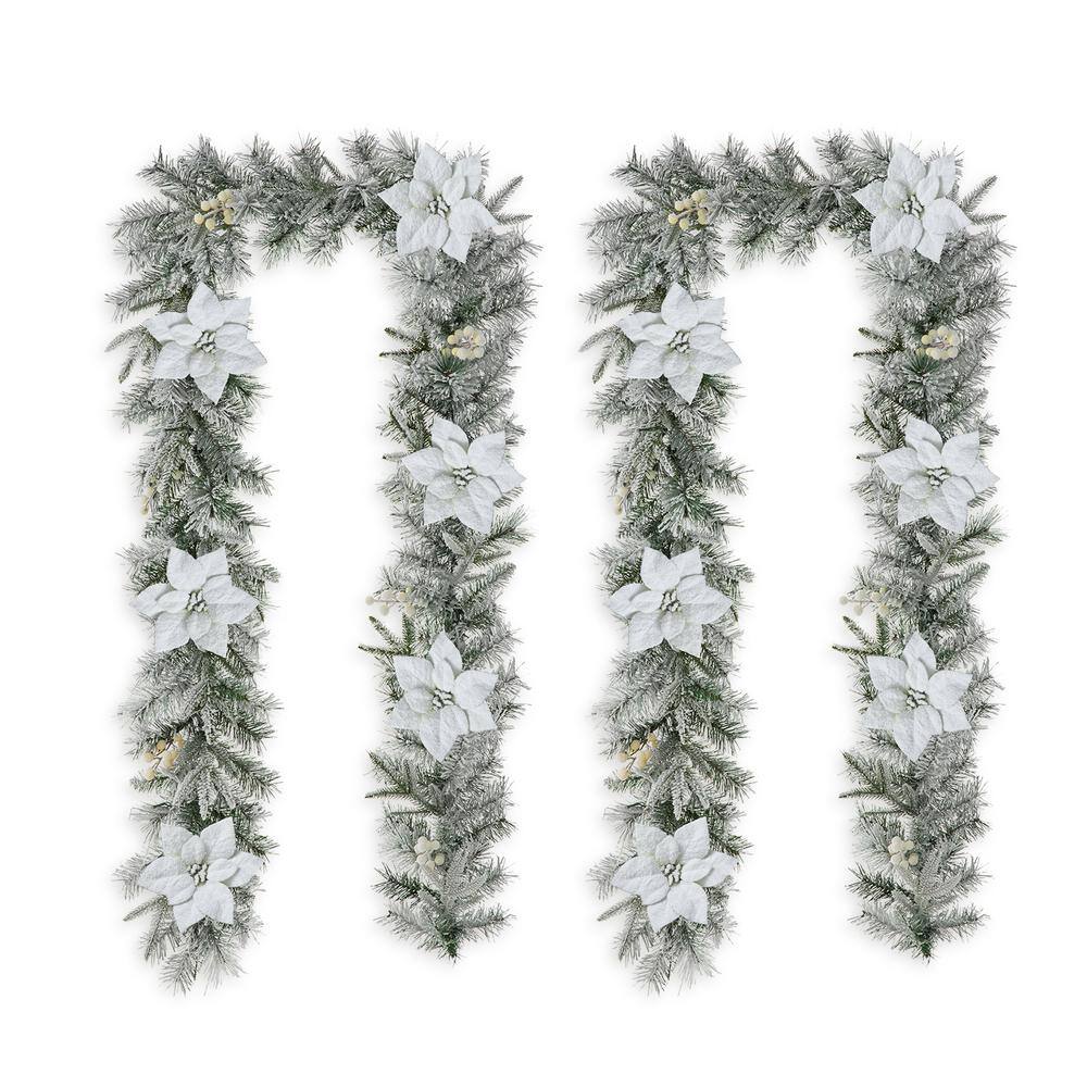 2-Pack 9 ft. Pre-Lit Snow Flocked Greenery Pine Poinsettia Artificial Christmas Garland, with 50 White Lights with Timer - Hercitys
