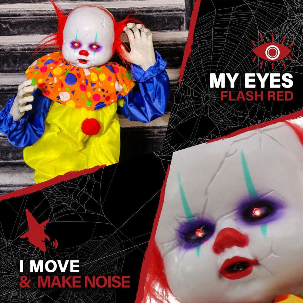24 in. Battery Operated Animatronic Clown with Red LED Eyes Halloween Prop - Hercitys