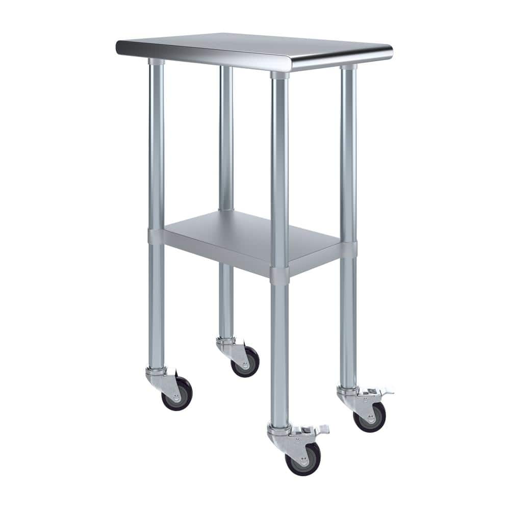 24 in. x 15 in. Stainless Steel Work Table with Casters : Mobile Metal Kitchen Utility Table with Bottom Shelf - Hercitys